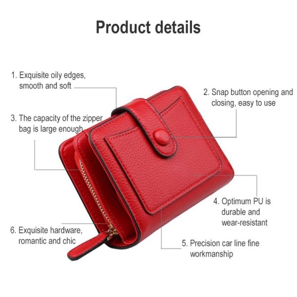 Women Short Litchi Texture Multi-card Buckle Wallet (Black) - Image 3