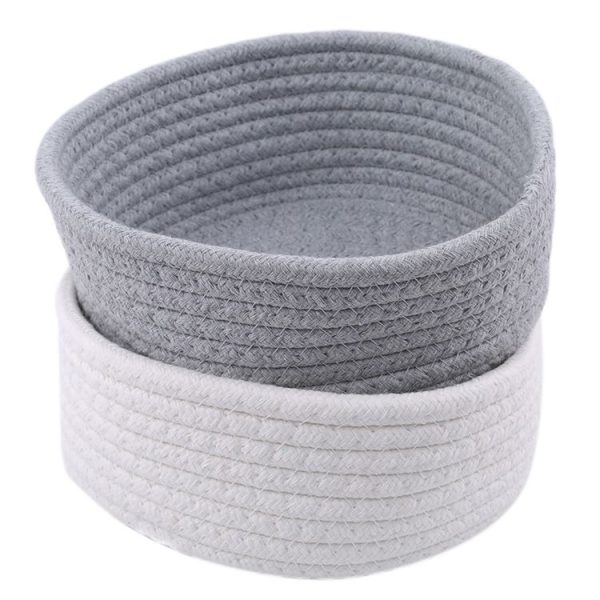 Round Hand-woven Basket Bedside Tabletop Snacks Debris Basket Storage Basket, Size: Small (White) - Image 3