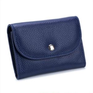 Short Mini Slim Top-grain Leather Wallet Card Bag Zip Coin Pocket (Blue)