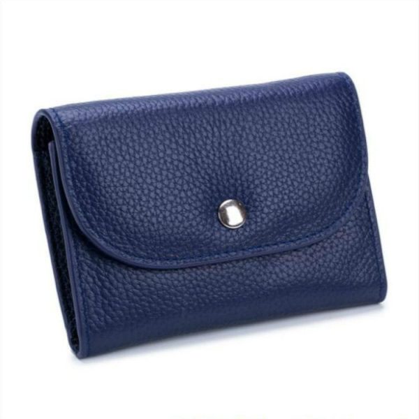 Short Mini Slim Top-grain Leather Wallet Card Bag Zip Coin Pocket (Blue) - Image 2