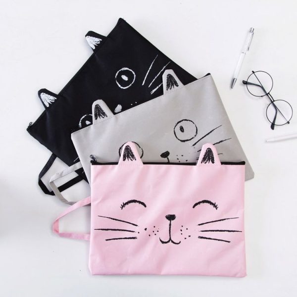 Cat Pattern Zipper Canvas File Bag Student Paper Storage Bag Tote Bag (Black) - Image 3