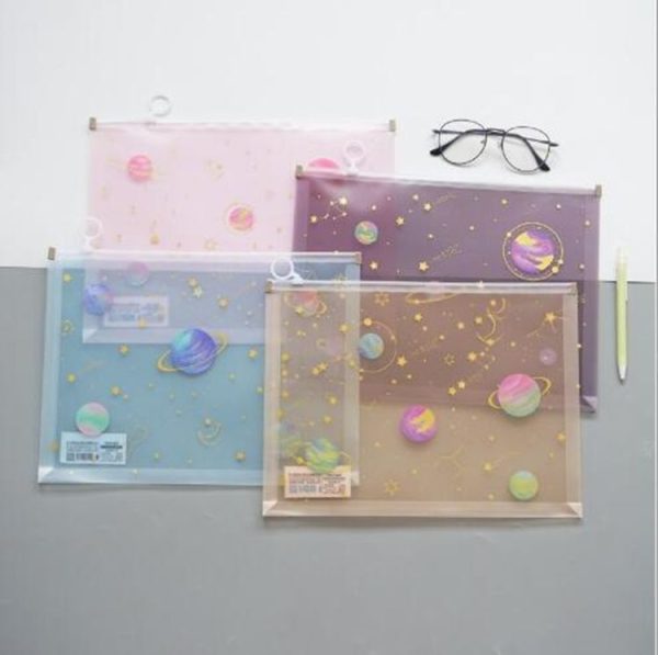 4 PCS Cute Dream Moon Stars Transparent Folder Girl Planet Pull Side Bag Stationery Storage Supplies, Random Color Delivery