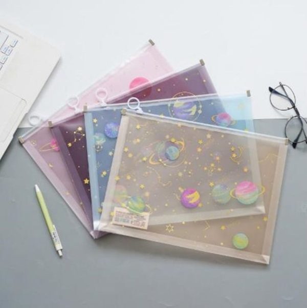 4 PCS Cute Dream Moon Stars Transparent Folder Girl Planet Pull Side Bag Stationery Storage Supplies, Random Color Delivery - Image 2