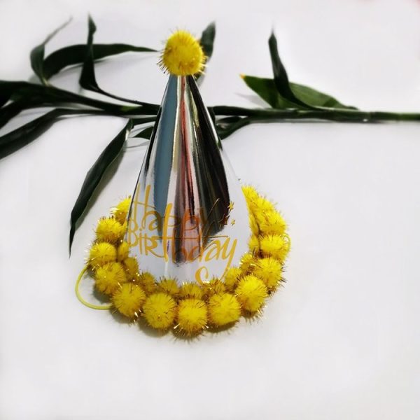 2 PCS Birthday Party Children Laser Paper Hair Ball Pointed Hat Digital Cap (Yellow) - Image 2