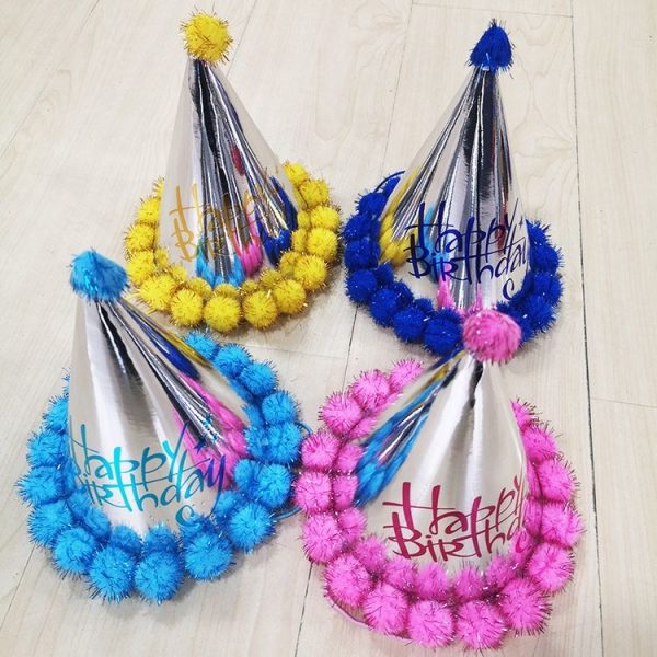 2 PCS Birthday Party Children Laser Paper Hair Ball Pointed Hat Digital Cap (Yellow) - Image 3
