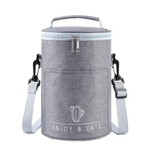 Round Lunch Bag Insulated Lunch Box Foldable & Portable Lunch Tote M (Light Gray)