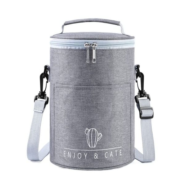 Round Lunch Bag Insulated Lunch Box Foldable & Portable Lunch Tote M (Light Gray)