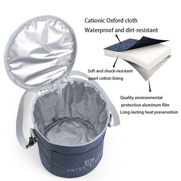 Round Lunch Bag Insulated Lunch Box Foldable & Portable Lunch Tote M (Light Gray) - Image 3