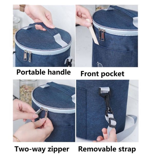 Round Lunch Bag Insulated Lunch Box Foldable & Portable Lunch Tote M (Light Gray) - Image 5