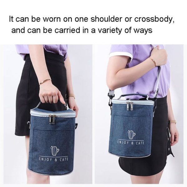 Round Lunch Bag Insulated Lunch Box Foldable & Portable Lunch Tote M (Light Gray) - Image 6