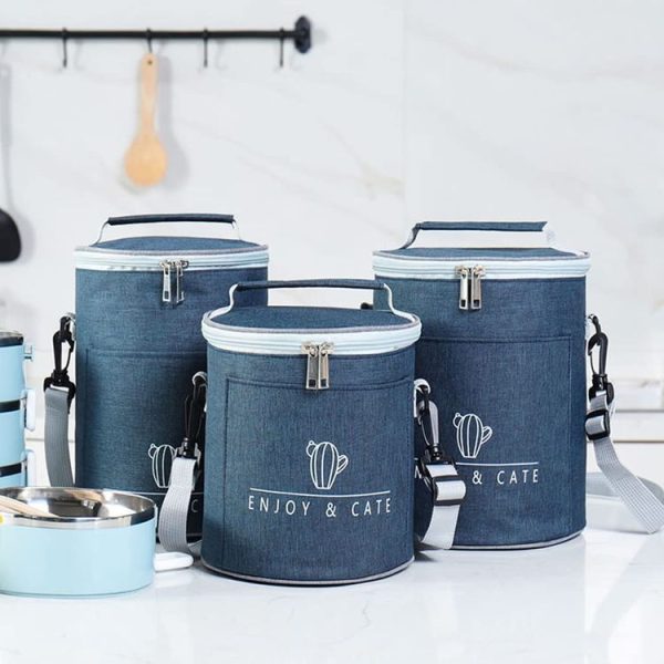 Round Lunch Bag Insulated Lunch Box Foldable & Portable Lunch Tote M (Light Gray) - Image 7