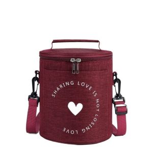 Round Lunch Bag Insulated Lunch Box Foldable & Portable Lunch Tote S (Wine Red)