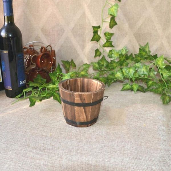 Balcony Vegetable Succulent Carbonized Wood Flower Pot Retro Small Wooden Bucket Home Decoration, Size: S, Style: Flat Mouth - Image 2