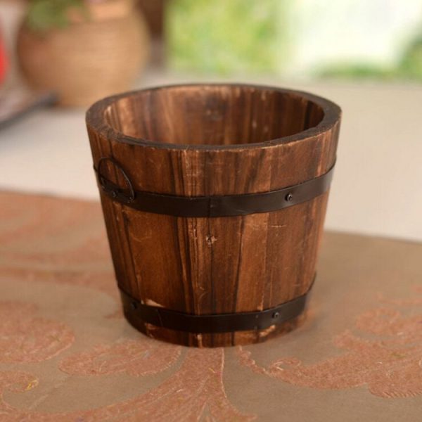 Balcony Vegetable Succulent Carbonized Wood Flower Pot Retro Small Wooden Bucket Home Decoration, Size: S, Style: Flat Mouth - Image 3