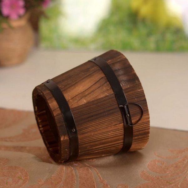 Balcony Vegetable Succulent Carbonized Wood Flower Pot Retro Small Wooden Bucket Home Decoration, Size: S, Style: Flat Mouth - Image 4