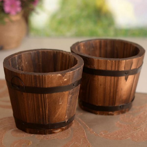 Balcony Vegetable Succulent Carbonized Wood Flower Pot Retro Small Wooden Bucket Home Decoration, Size: S, Style: Flat Mouth - Image 5