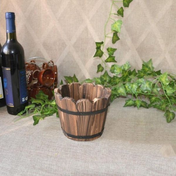 Balcony Vegetable Succulent Carbonized Wood Flower Pot Retro Small Wooden Bucket Home Decoration, Size: M, Style: Wave Mouth - Image 2