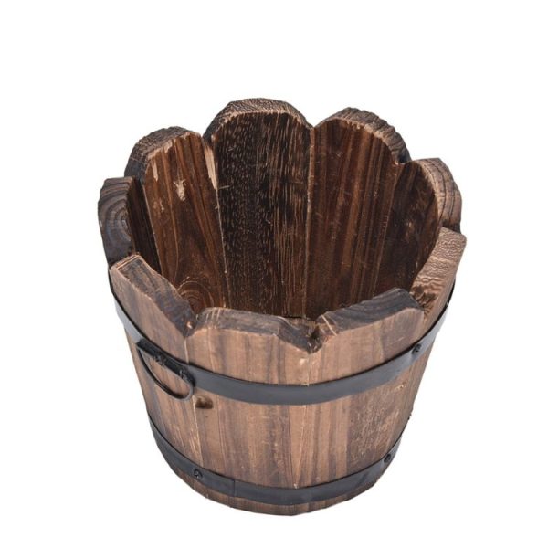 Balcony Vegetable Succulent Carbonized Wood Flower Pot Retro Small Wooden Bucket Home Decoration, Size: M, Style: Wave Mouth - Image 3