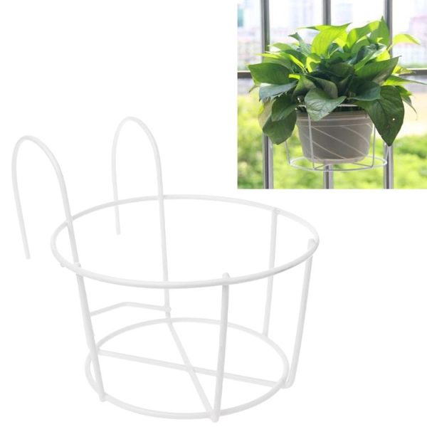 Balcony Fence Round Metal Flower Stand Wrought Iron Wall-mounted Flower Pot Stand, Size: L (White)