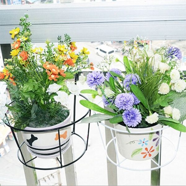 Balcony Fence Round Metal Flower Stand Wrought Iron Wall-mounted Flower Pot Stand, Size: L (White) - Image 5