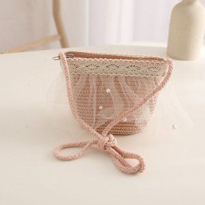 Children Straw Beach Bag Coin Purse Sundries Bag (Pink)