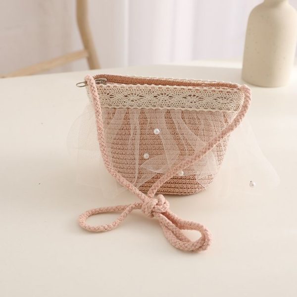 Children Straw Beach Bag Coin Purse Sundries Bag (Pink)