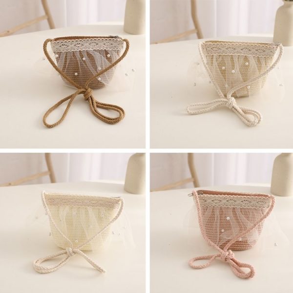 Children Straw Beach Bag Coin Purse Sundries Bag (Pink) - Image 2