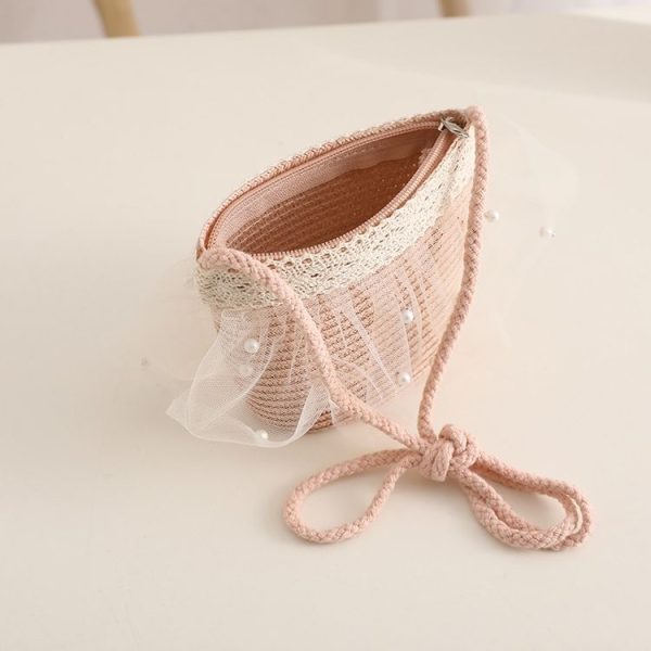 Children Straw Beach Bag Coin Purse Sundries Bag (Pink) - Image 4