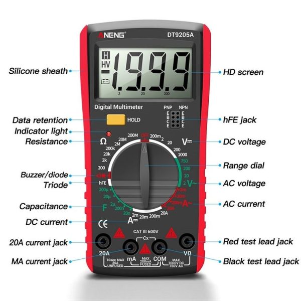 ANENG Automatic High-Precision Intelligent Digital Multimeter, Model: DT9205A HOLD Key (Red) - Image 4