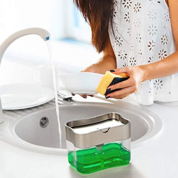 Kitchen Dishwasher Brush Press Liquid Soap Pump Box Soap Dispenser with Washing Sponge Detergent Automatic Cleaning Brush (Grey) - Image 5