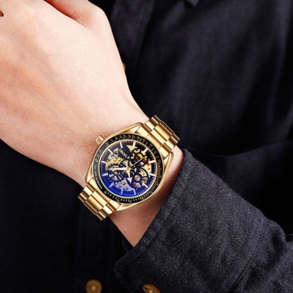SKMEI 9194 Men Automatic Skeleton Mechanical Steel Band Watch (Golden Black Face) - Image 10