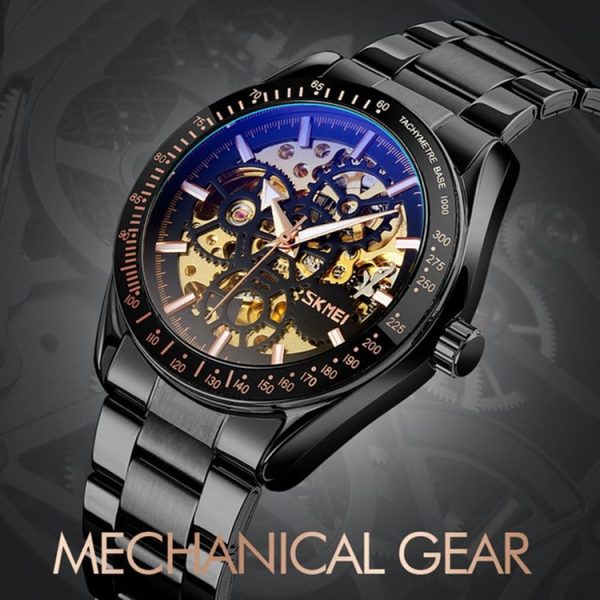 SKMEI 9194 Men Automatic Skeleton Mechanical Steel Band Watch (Golden Black Face) - Image 3