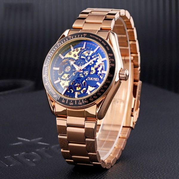 SKMEI 9194 Men Automatic Skeleton Mechanical Steel Band Watch (Golden Black Face) - Image 4