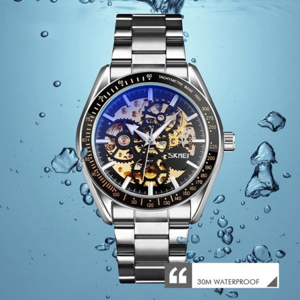 SKMEI 9194 Men Automatic Skeleton Mechanical Steel Band Watch (Golden Black Face) - Image 5