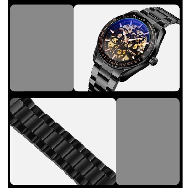 SKMEI 9194 Men Automatic Skeleton Mechanical Steel Band Watch (Golden Black Face) - Image 6