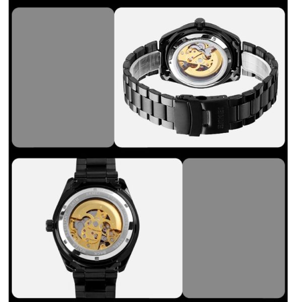 SKMEI 9194 Men Automatic Skeleton Mechanical Steel Band Watch (Golden Black Face) - Image 7