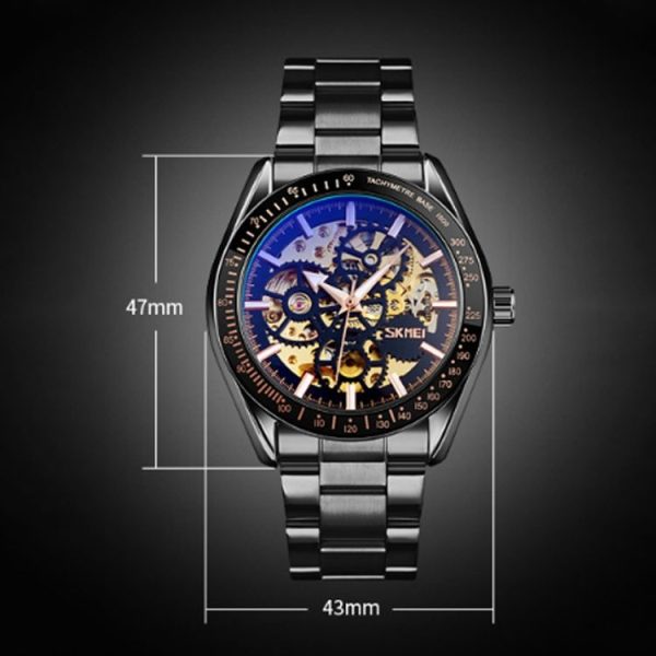 SKMEI 9194 Men Automatic Skeleton Mechanical Steel Band Watch (Golden Black Face) - Image 8