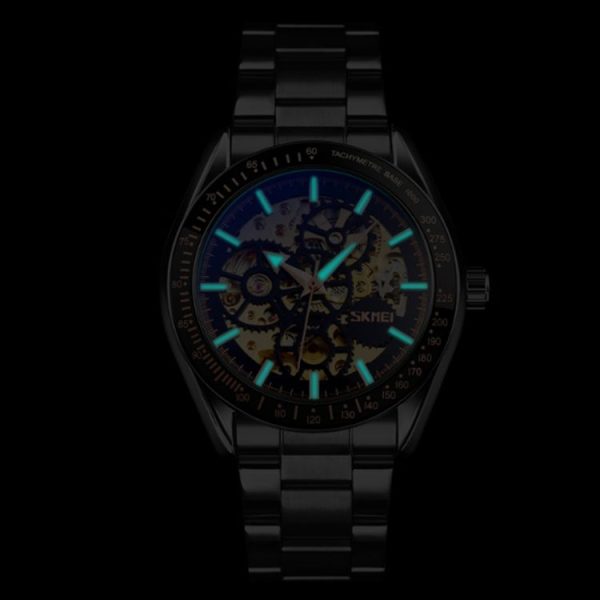 SKMEI 9194 Men Automatic Skeleton Mechanical Steel Band Watch (Golden Black Face) - Image 9