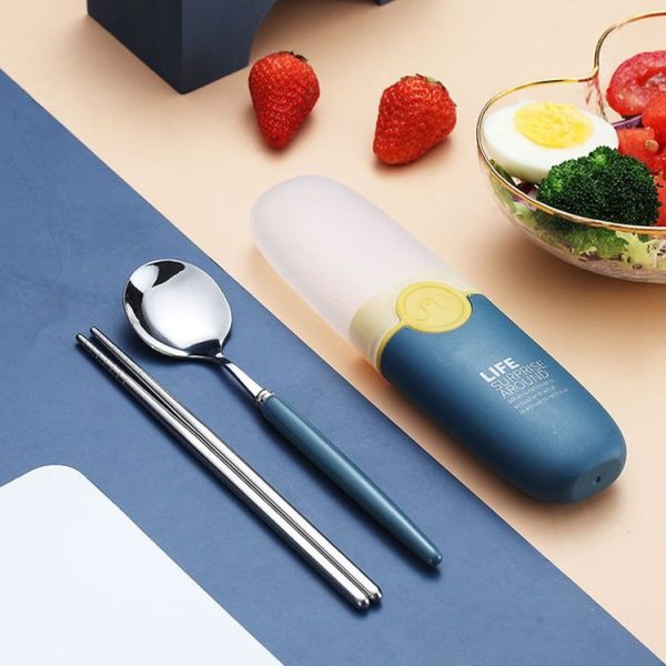 2 in 1 Simple Child Student Travel Portable 304 Stainless Steel Spoon Chopsticks Cutlery Set (Blue)