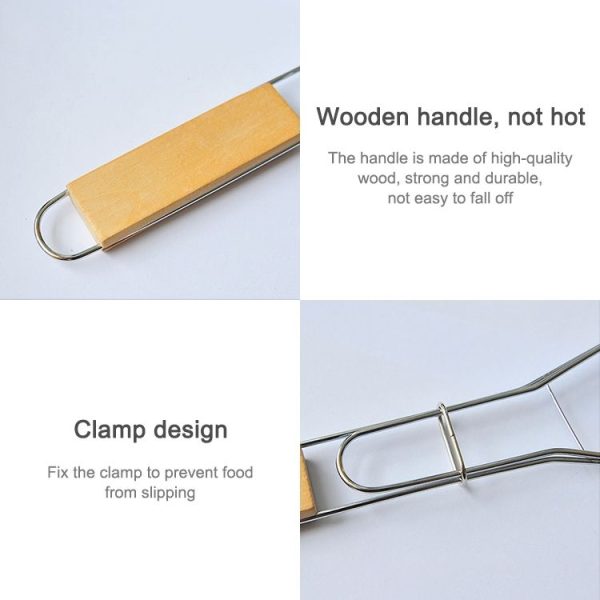 Chrome Plated Wooden Handle Single Fish Barbecue Net Clip Outdoor Grilled Fish Clip Barbecue Tool - Image 3