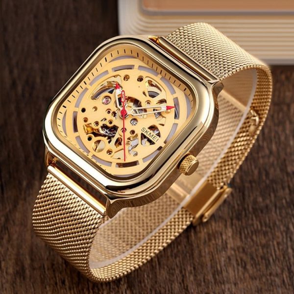 SKMEI 9184 Men Automatic Mechanical Watch Mesh with Hollow Square Tourbillon Student Watch (Gold) - Image 3