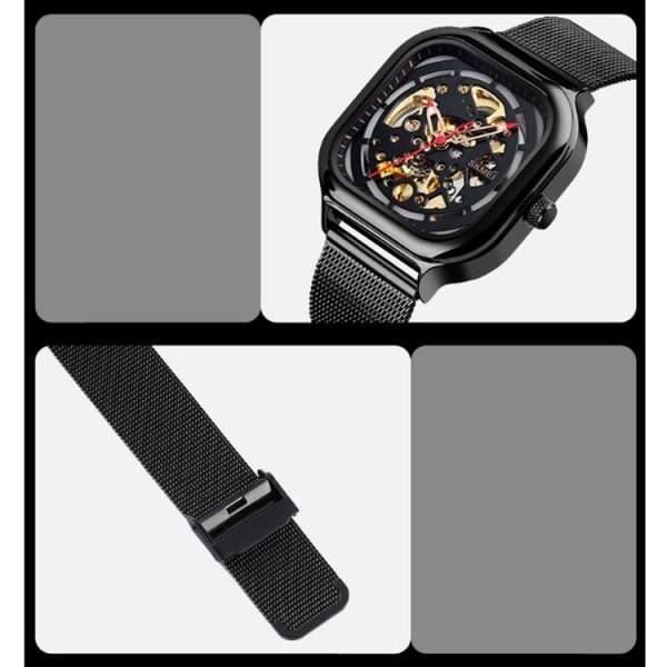 SKMEI 9184 Men Automatic Mechanical Watch Mesh with Hollow Square Tourbillon Student Watch (Gold) - Image 5