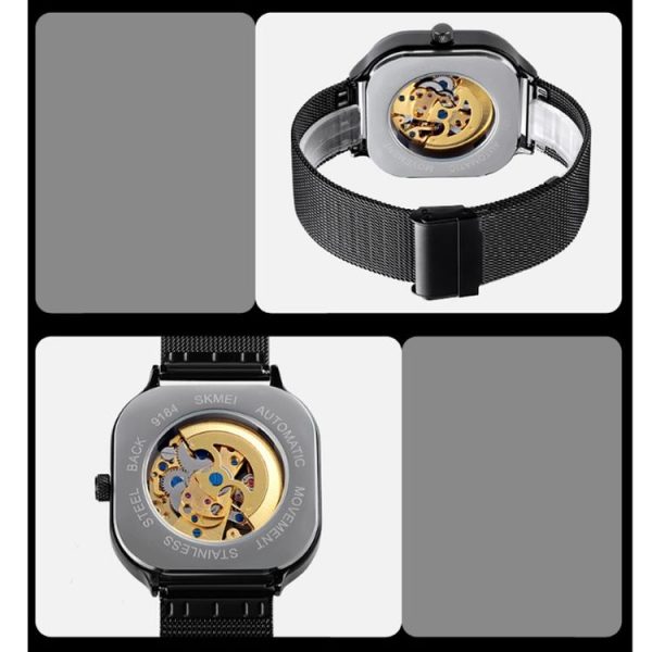 SKMEI 9184 Men Automatic Mechanical Watch Mesh with Hollow Square Tourbillon Student Watch (Gold) - Image 6