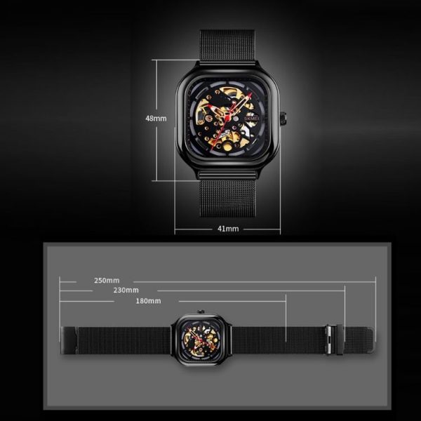 SKMEI 9184 Men Automatic Mechanical Watch Mesh with Hollow Square Tourbillon Student Watch (Gold) - Image 7