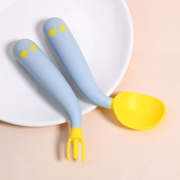 Baby Learning To Eat Bending Training Elbow Twisting Spoon Fork (Blue)