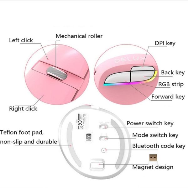 DELUX M618Mini Colorful Wireless Luminous Vertical Mouse Bluetooth Rechargeable Vertical Mouse (Classic black) - Image 5