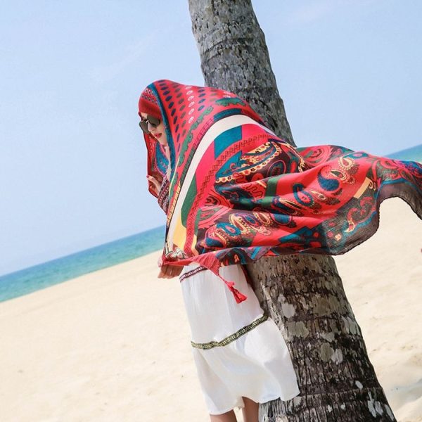 Summer Cotton and Linen Ethnic Travel Silk Scarf Sunscreen Big Shawl Ladies Beach Towel, Size: 180 x 100cm (Red Cashew Nuts)