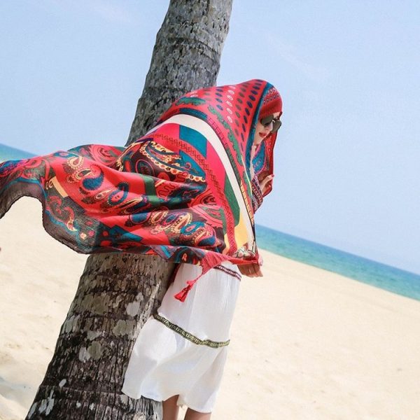 Summer Cotton and Linen Ethnic Travel Silk Scarf Sunscreen Big Shawl Ladies Beach Towel, Size: 180 x 100cm (Red Cashew Nuts) - Image 2