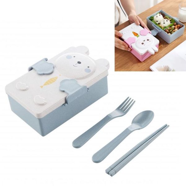 Cartoon Wheat Straw Bento Box Children Going Out Division Complementary Food Box Environmentally Friendly Healthy Office Worker Student Lunch Box (Blue)