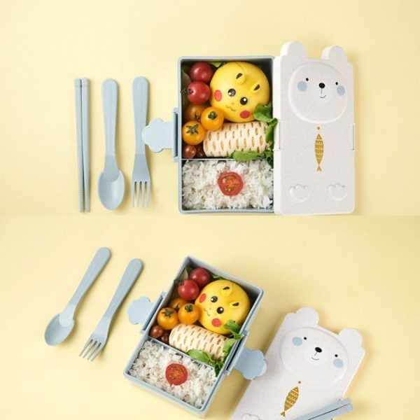 Cartoon Wheat Straw Bento Box Children Going Out Division Complementary Food Box Environmentally Friendly Healthy Office Worker Student Lunch Box (Blue) - Image 3